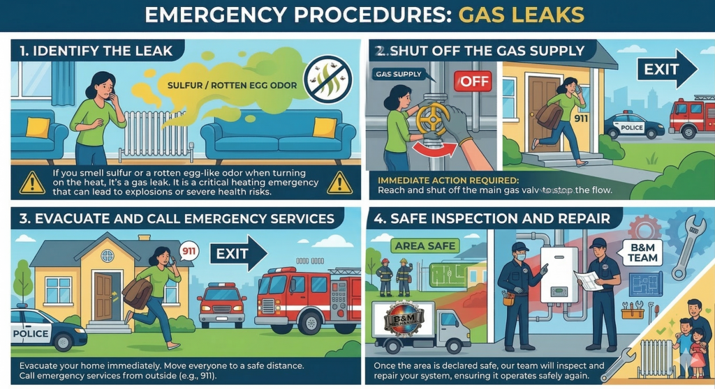 image shows emergency procedure when Gas Leaks