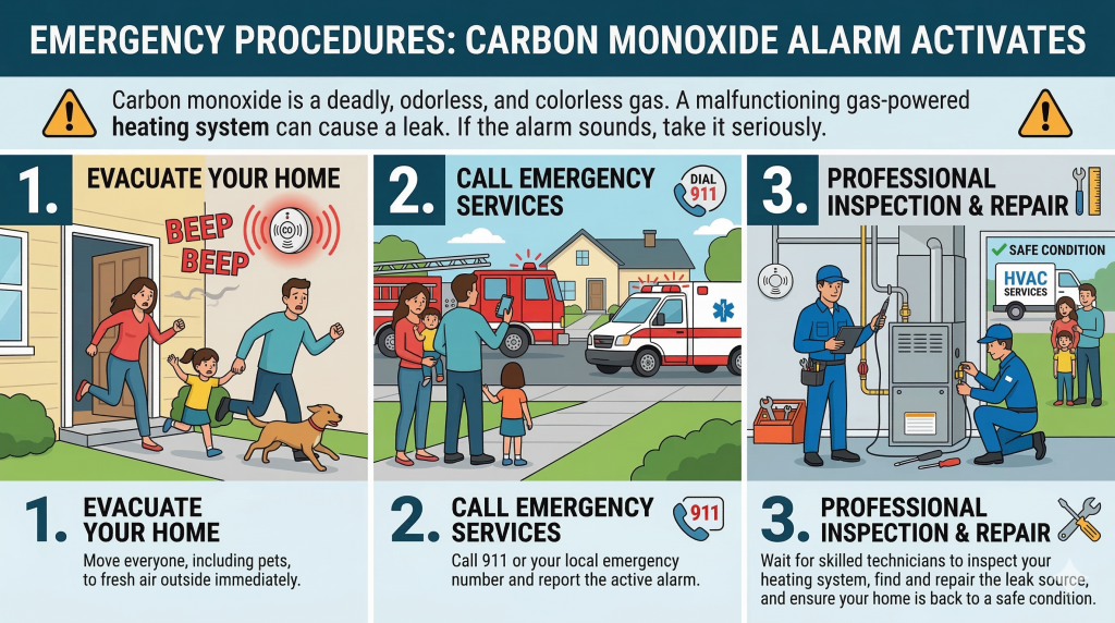 image shows emergency procedure when carbon monoxide alarm activates