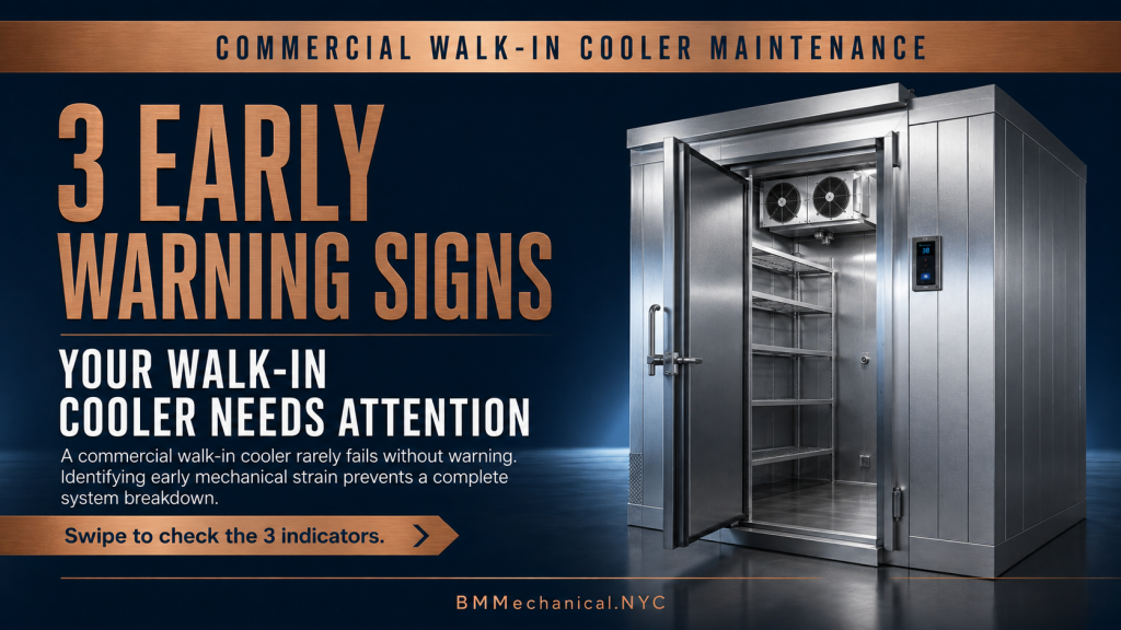 3 Early Warning Signs Your Walk-In Cooler Needs Attention. A stainless steel walk-in cooler with the door open