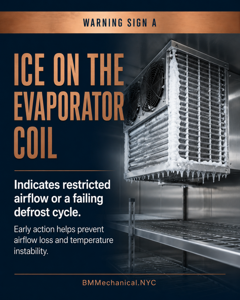 A commercial evaporator unit with heavy ice buildup. Early action helps prevent airflow loss and temperature instability