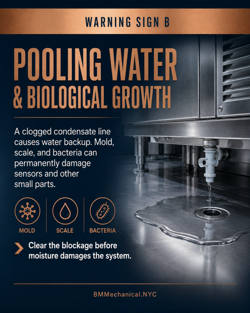 Water dripping from a drain and pooling on a floor. Clear the blockage before moisture damages the system