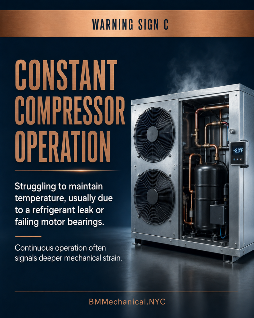 Warning Sign C: A commercial refrigeration unit. Continuous operation often signals deeper mechanical strain