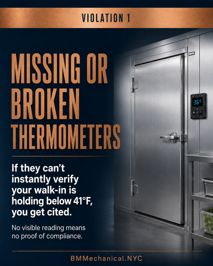 Walk-in cooler with a digital thermometer reading 36°F. Text: No visible reading means no proof of compliance