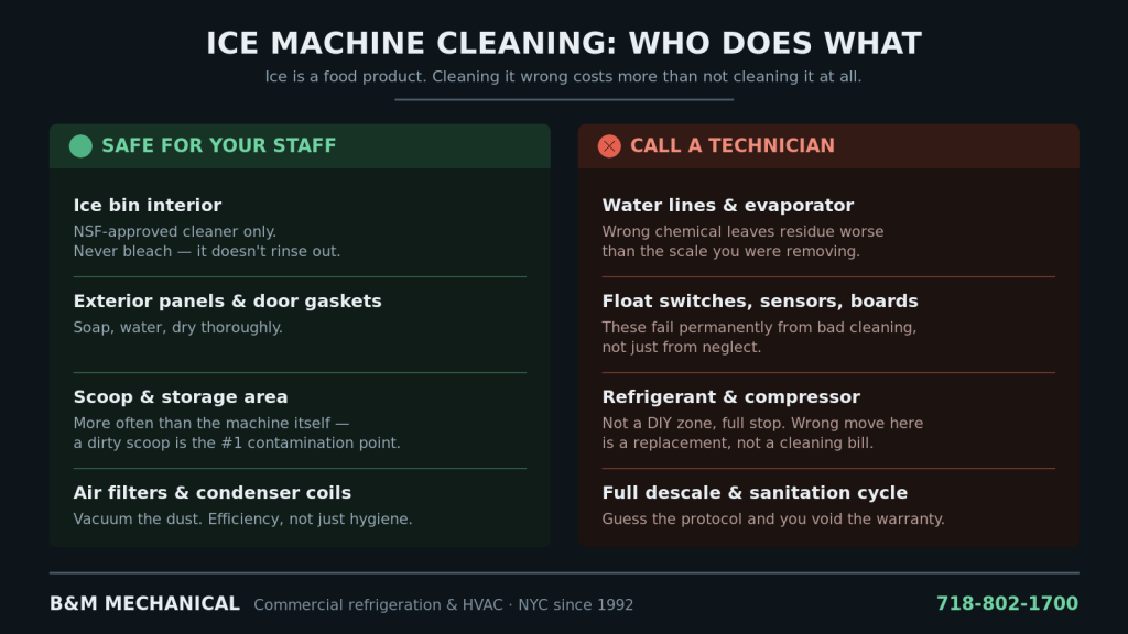 Chart showing which ice machine parts staff can safely clean versus which require a technician
