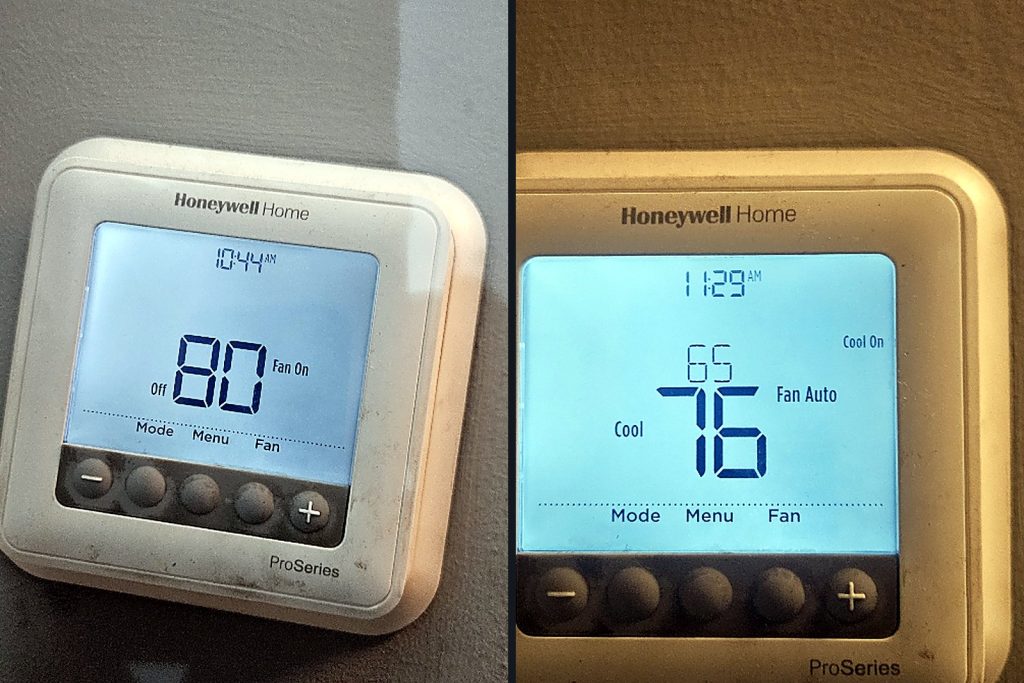 Two views of a wall thermostat in a restaurant: reading 80 on arrival, then 76 with a 65 setpoint and cooling running