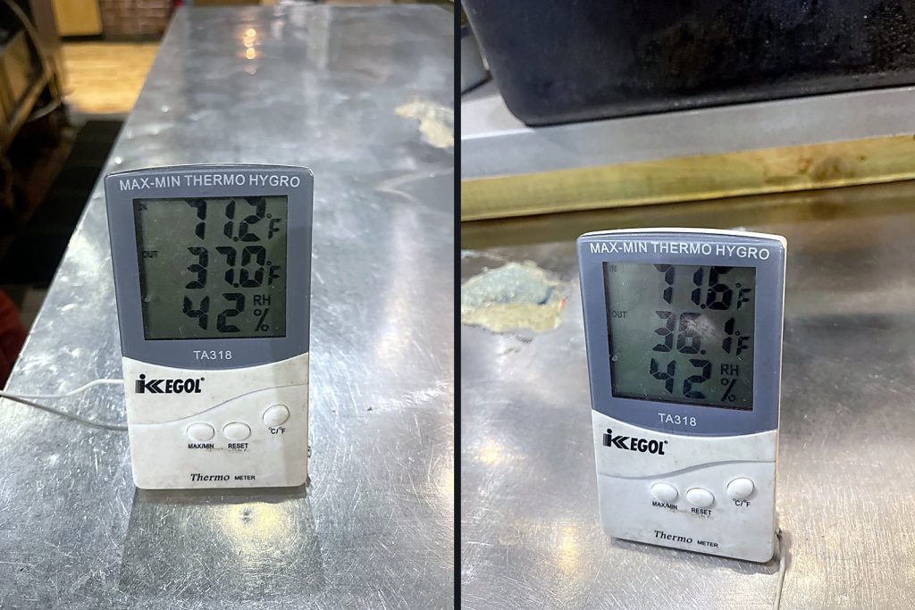 Two TA318 thermo-hygrometers: bar air 71.2 and 71.6°F, product zones 37.0 and 36.1°F, 42% RH.