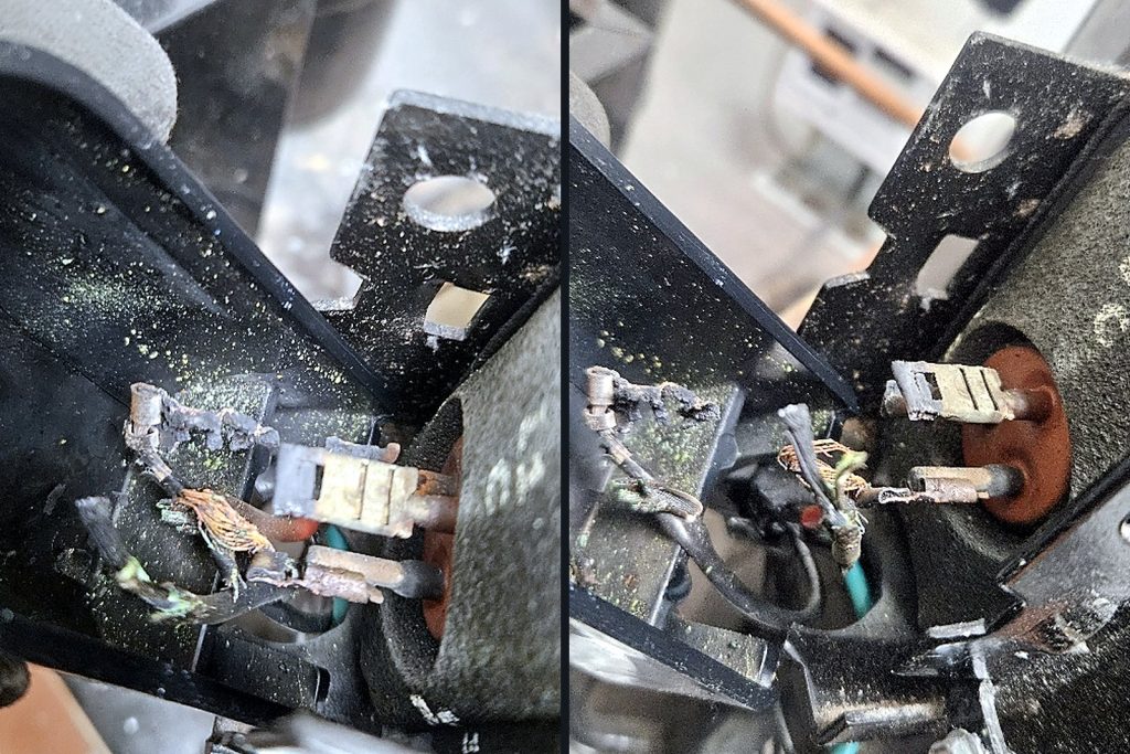 Two close-up views of a compressor terminal block with burnt, blackened spade connectors and melted insulation