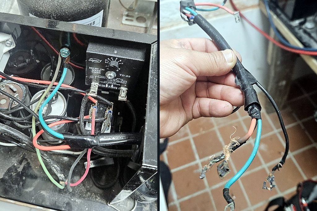 Left, the condensing unit control box with capacitors and a delay-on-make timer; right, the removed terminal harness held up showing its burnt ends