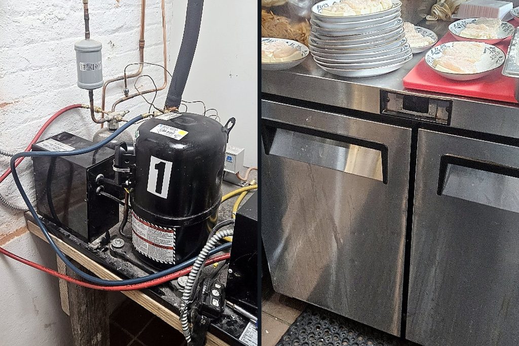 Left, the remote condensing unit on a shelf in a basement; right, the two-door prep table in the kitchen it serves