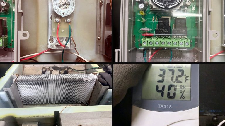 Collage of four photos from the care-facility kitchen job: the old mechanical defrost timer, the new electronic timer, the cleaned condenser coil, the thermometer reading 37.2 F