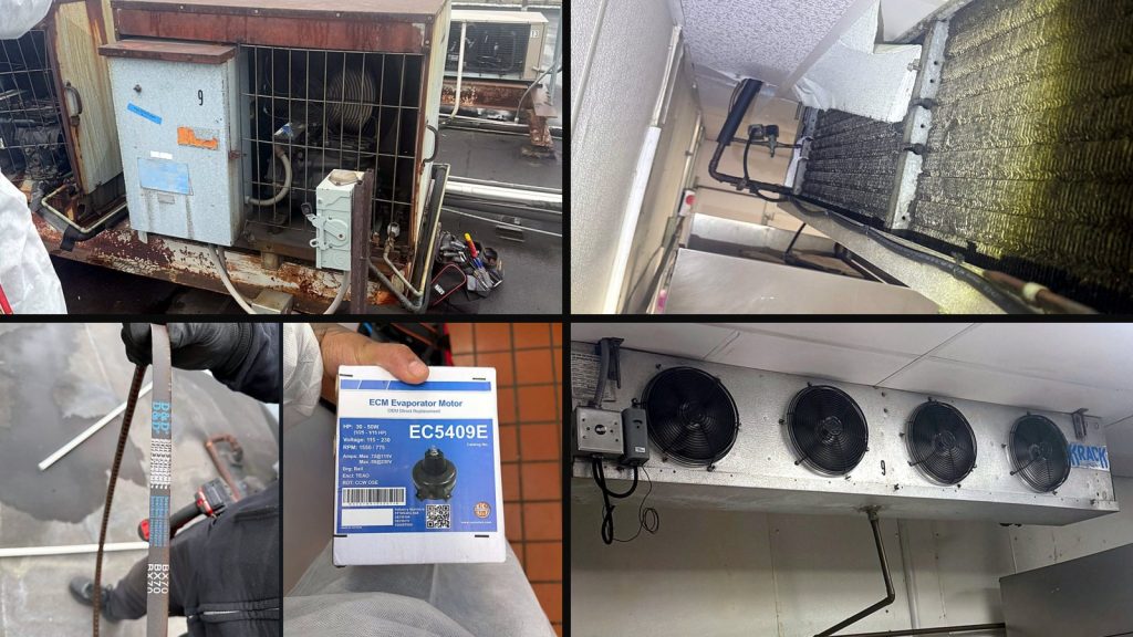 Collage of four photos from the catering kitchen visits: the rooftop condensing unit, the walk-in unit cooler, the worn belt and new motor, the four-fan unit cooler