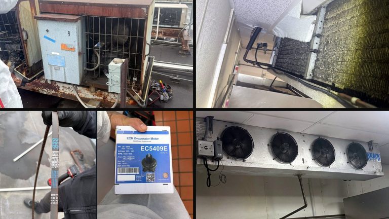 Collage of four photos from the catering kitchen visits: the rooftop condensing unit, the walk-in unit cooler, the worn belt and new motor, the four-fan unit cooler