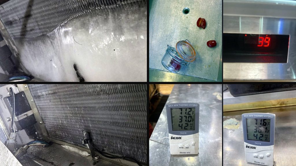 Collage of four photos from the cocktail bar job: the iced coil, the frozen garnish and the display reading 39, the thawed coil, the product temperatures