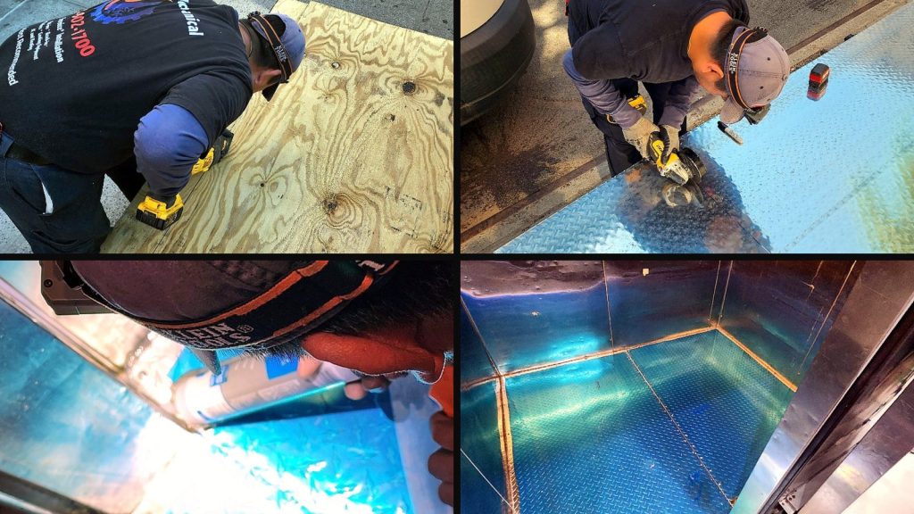 Collage of four photos from the walk-in freezer floor build: plywood subfloor, cutting the diamond-plate deck, welding a seam, the finished floor