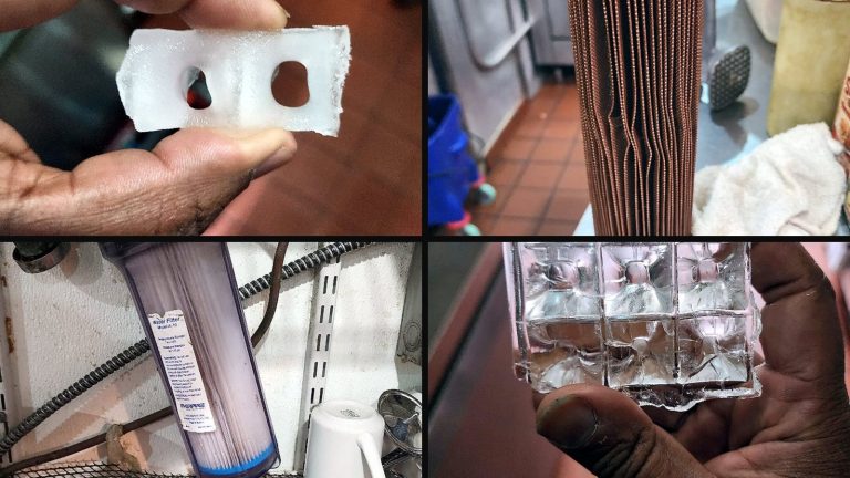 Collage of 4 photos from the job: White ice is not an ice problem.