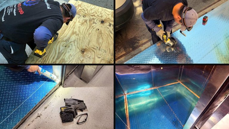 Collage of 4 photos from the job: Building a walk-in freezer floor from the subfloor up