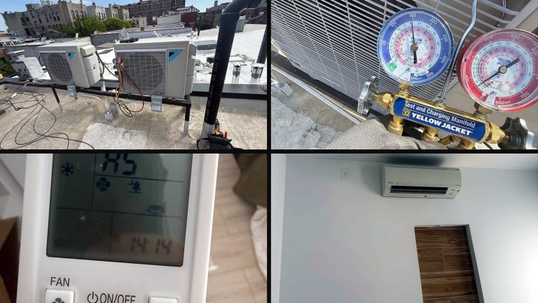 Collage of 4 photos from the job: Four heads, one roof, one system to balance
