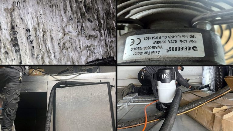 Collage of 4 photos from the job: The evaporator was a block of ice. The cause was outside.