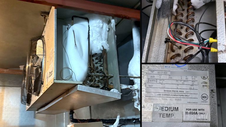 Collage of 3 photos from the job: A 1998 evaporator, iced solid