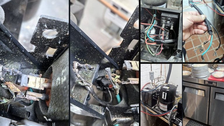 Collage of 3 photos from the job: The compressor wasn't dead. Its wires were.