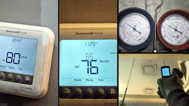 Collage of 3 photos from the job: The thermostat said 80. Was the AC broken?