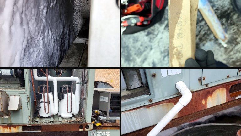 Collage of 4 photos from the job: The rooftop unit was a block of ice