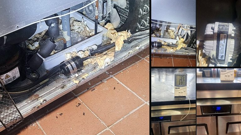 Collage of 3 photos from the job: Flour is what killed the fan motor