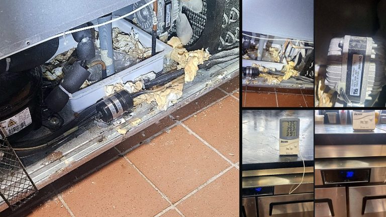 Collage of 3 photos from the job: Flour is what killed the fan motor