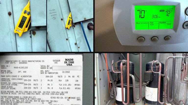 Collage of 4 photos from the job: Back on the roof with a thermometer