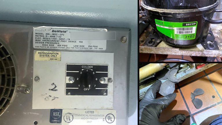 Collage of 3 photos from the job: Seven ounces of R-404A