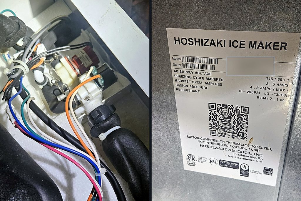 Left, the Hoshizaki control board and wiring inside the machine; right, the Hoshizaki KM-81BAJ data plate with the serial number redacted