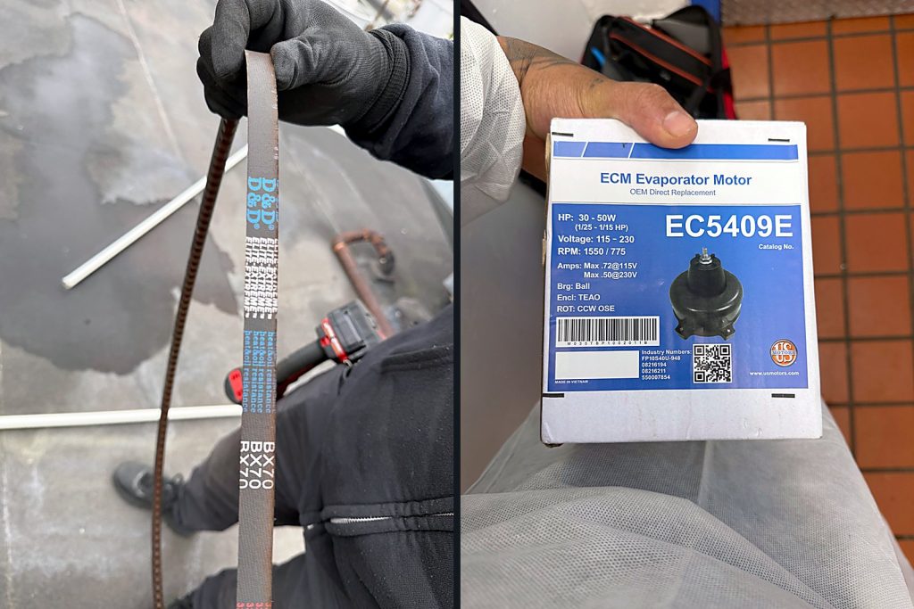 Left: the worn BX70 blower belt off the rooftop unit. Right: the EC5409E replacement motor in its box.