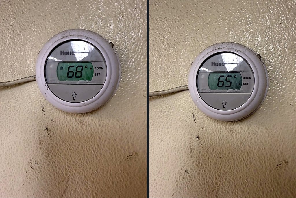 The kitchen thermostat pulled from 68 to 65 to bring the unit on for the supply-air check.