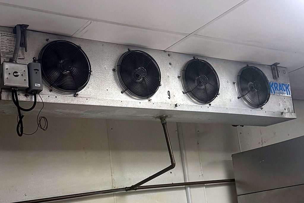 The four-fan Krack unit cooler the new motors went into, back in the walk-in.