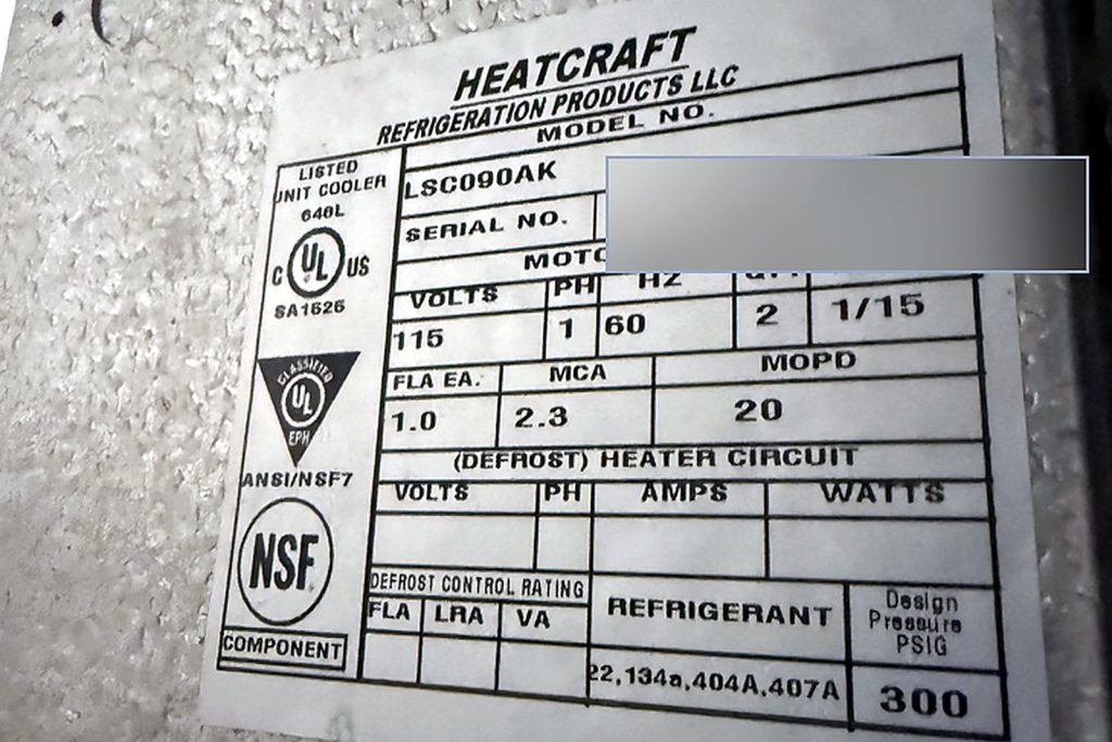 Heatcraft LSC090AK plate: 115 V, two 1/15 HP fan motors at 1.0 A each, MCA 2.3, MOPD 20, design pressure 300 psig.
